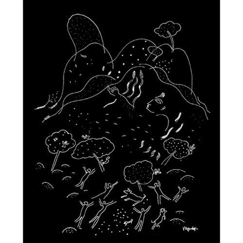 SG81 
Krsna lifts the mountain 
Silver ink on black paper 
30 x 22 inches 
Unavailable